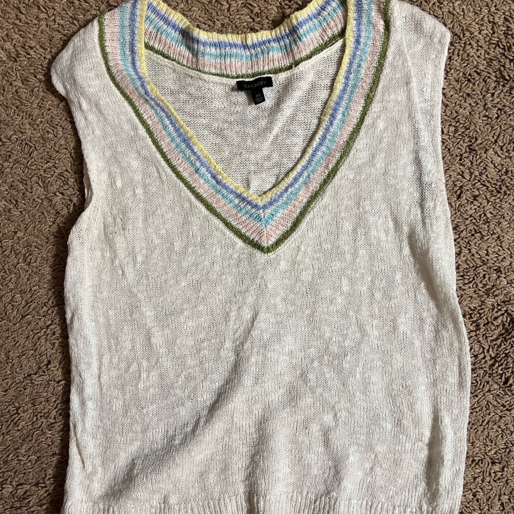 Talbots White Sweater with Colorful Neckline